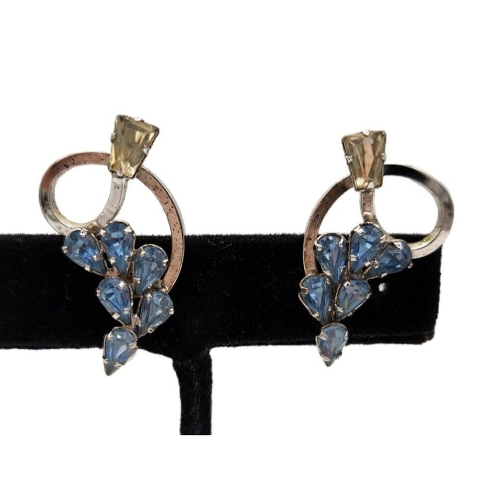 Star Art Sterling Blue White Rhinestone Screwback Earrings Vintage Signed Estate